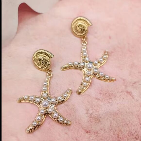 🌴Gold Tone Nautical Starfish Shell Pearl Post Drop Dangle Earrings - Picture 3 of 6